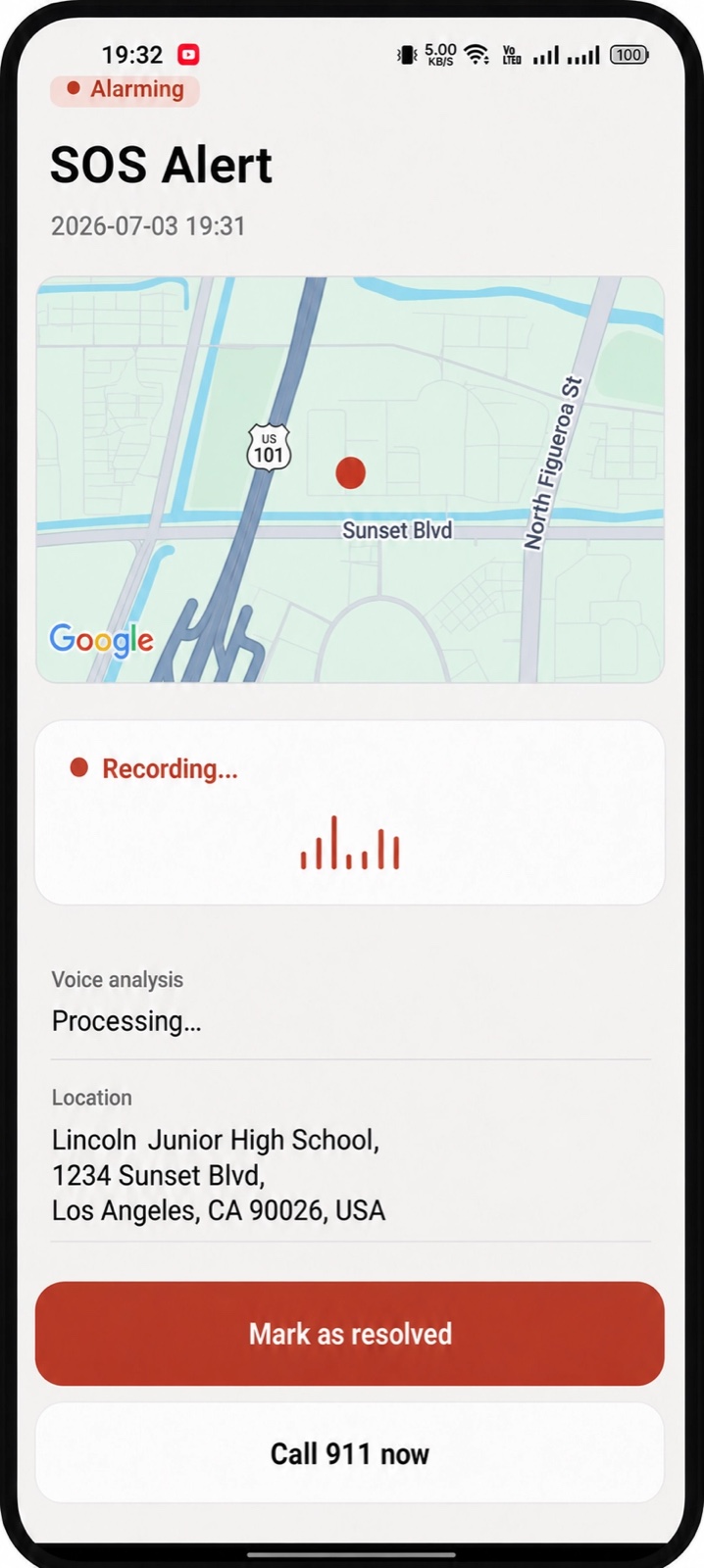 SOS alert with live location & audio
